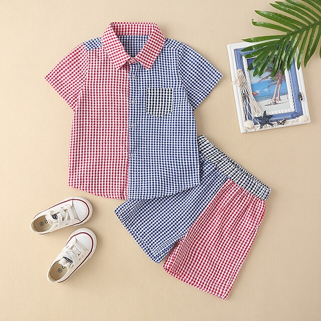 Baby & Kids Boys Clothing | Kids Boys Shirt & Shorts Clothing Set 2 Pieces Short Sleeve Light Blue Plaid Color Block Ruched Patc