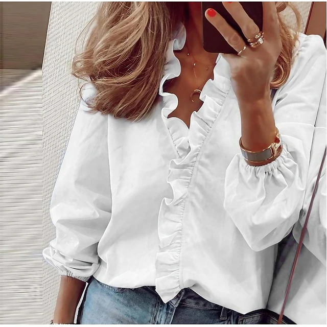 Women's Blouse Shirt V Neck Lettuce Trim Plain Modern V Neck Regular Spring & Fall Green Blue White Orange 7