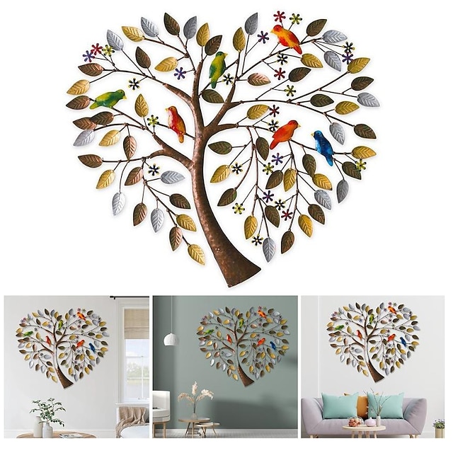  עץ לב מתכת קיר אמנות לב עץ קישוט קיר תלוי ציפור להקת ציפור עץ החיים קישוט קיר 25x25 ס