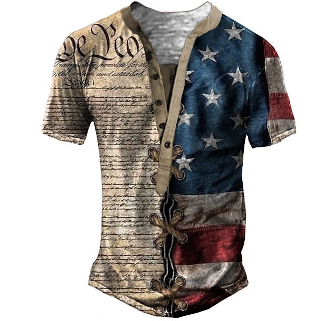  Herre Henley-skjorte T-shirt T-Shirts Grafisk Bogstaver Amerikansk flag Nationalflag Henley Blå Kakifarvet Grå 3D-udskrivning Plusstørrelser udendørs Daglig Kortærmet Knap ned Trykt mønster Tøj