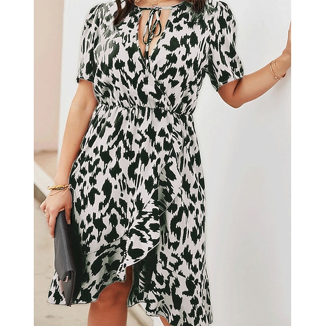 Womens Clothing Plus Size Collection | Womens Plus Size A Line Dress Leopard V Neck Print Short Sleeve Spring Summer Casual Knee