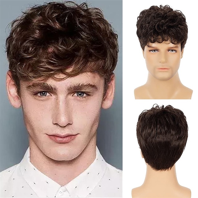  Men's Brown Short Wig Curly Fluffy Natural Synthetic Hair Bangs Cosplay Full Wig for Men