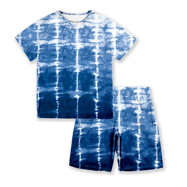 Baby & Kids Boys Clothing | Kids Unisex T-shirt & Shorts 2 Pieces Short Sleeve Blue Yellow Tie Dye Loose Print Sports Outdoor Co