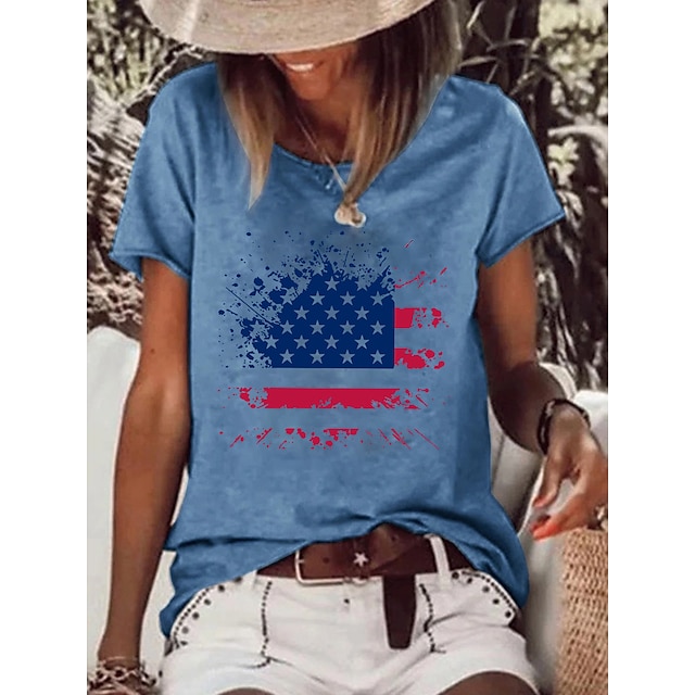  Naisten T-paita Apila Sininen Punastuvan vaaleanpunainen Amerikan lippu Painettu Lyhythihainen Kausaliteetti Viikonloppu Perus Pyöreä kaula-aukko Normaali S