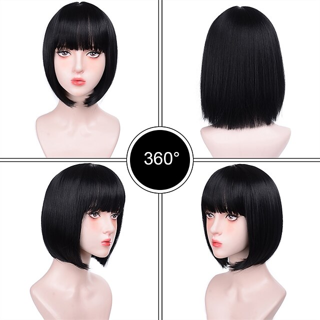 Beauty & Hair Wigs & Hair Pieces | Short Straight Bob Wigs With Bangs Synthetic Wigs For Women Pink Red Black Wigs Lolita Cospla