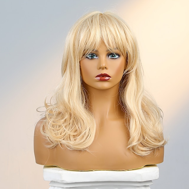 Human Hair Blend Wig Long Curly Layered Haircut Deep Parting With Bangs Blonde Cosplay Natural Hairline African American Wig Capless Brazilian Hair Women's All Beige Blonde / Bleached Blonde 22 inch
