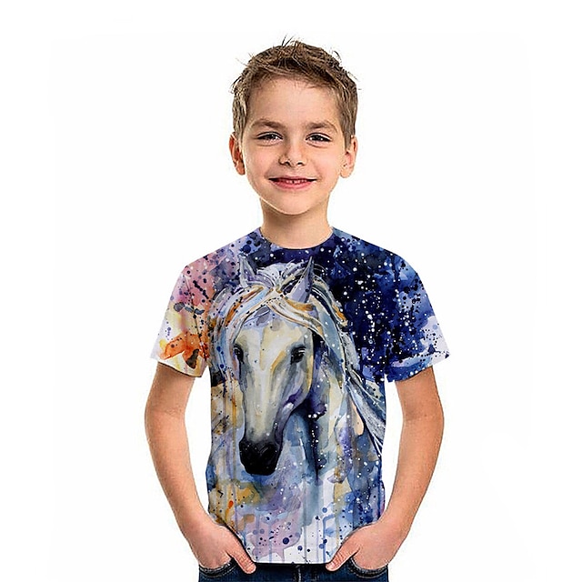 Baby & Kids Boys Clothing | Kids Boys T shirt Short Sleeve 3D Print Horse Animal Crewneck Blue Children Tops Spring Summer Activ