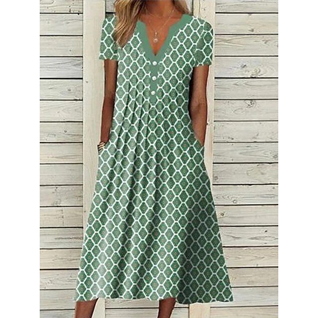  Women's Midi Dress A Line Dress Green Short Sleeve Ruched Print Geometric V Neck Spring Summer Basic Casual 2022 S M L XL XXL 3XL / Loose
