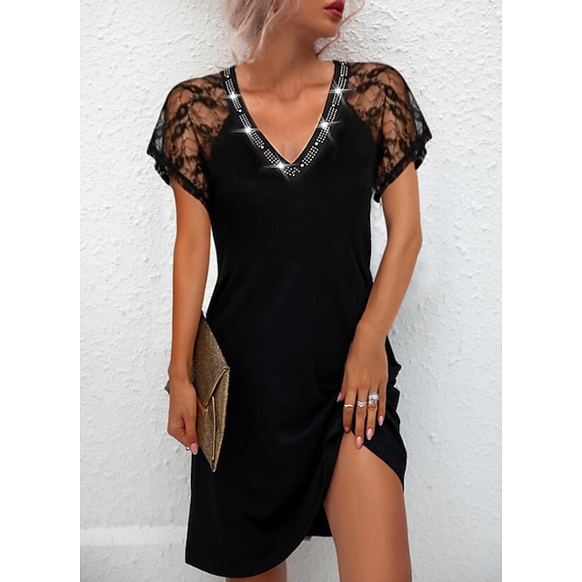  Women's Short Mini Dress A Line Dress Black Short Sleeve Sequins Ruched Lace Pure Color V Neck Spring Summer Casual Sexy 2022 S M L XL XXL 3XL