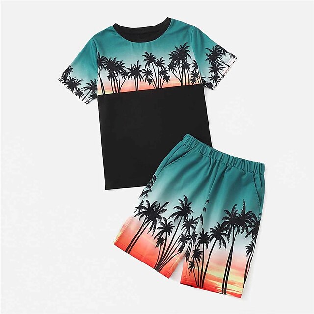 Baby & Kids Boys Clothing | Kids Boys T-shirt & Shorts Clothing Set 2 Pieces Short Sleeve Blue Coconut Tree Crewneck Print Stree