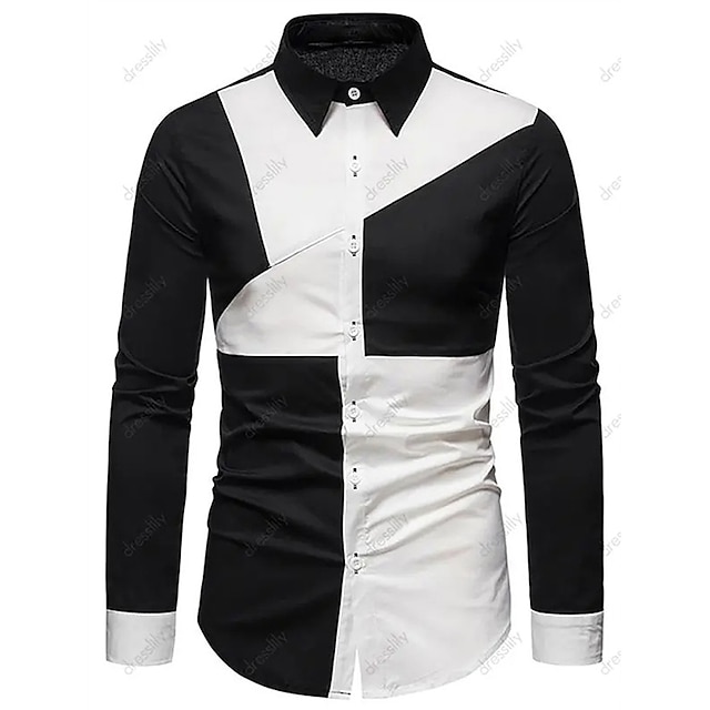 Mens Clothing Mens Shirts | Mens Shirt Graphic Color Block Turndown Street Casual Button-Down Long Sleeve Tops Casual Fashion Br