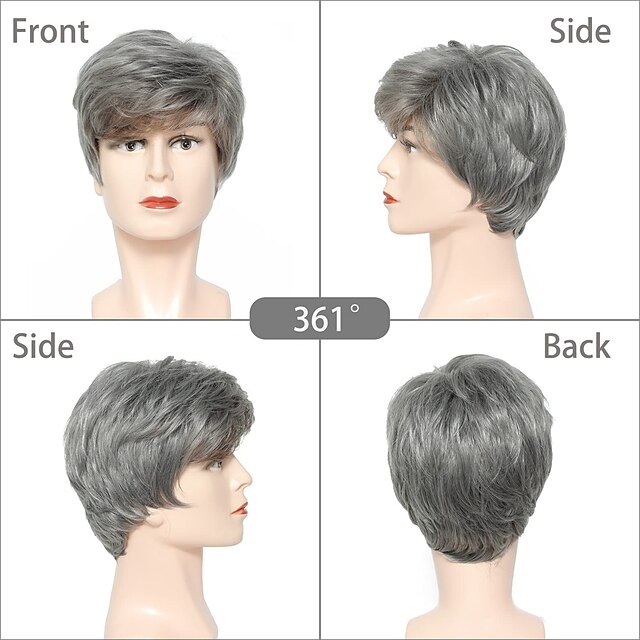 Mens Grey Wigs Realistic Short Fluffy Layered Natural Looking Wig Mens Short Wig Straight Silver