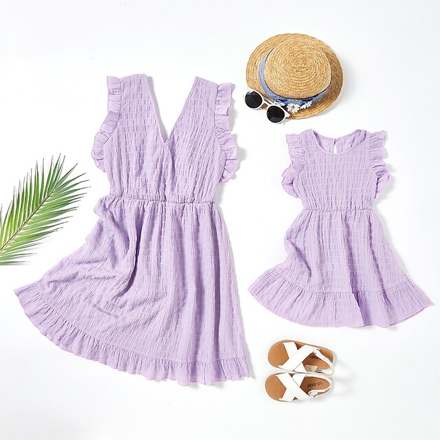 Mommy and Me Dresses Family Sets Solid Color Causal Ruched Purple Sleeveless Knee-length Daily Matching Outfits / Spring / Summer / Ruffle / Patchwork / Bow