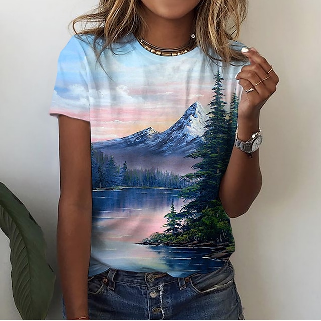  Women's T shirt Tee Blue Print Graphic 3D Casual Holiday Short Sleeve Round Neck Basic Holiday Hawaiian Regular Floral Painting S / 3D Print