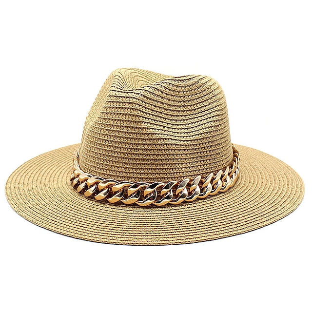 Shoes & Bags Fashion Accessories | Women Sun with Gold Chain Belt Panama Straw Hats For Men Spring Black Khaki Beach Casual Summ