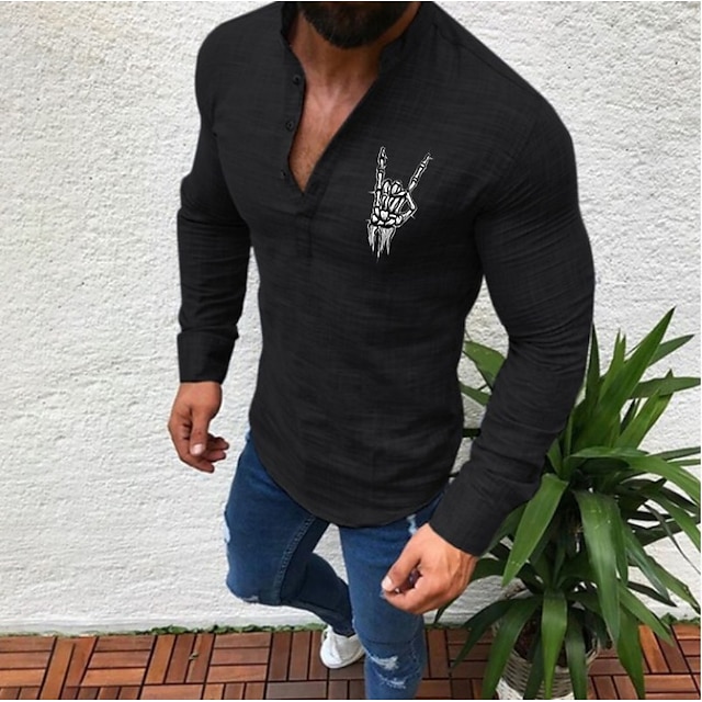 Mens Clothing Mens Shirts | Mens T shirtShirtSolid Color Skull Gesture Round Neck Casual Daily Button-Down Print Long Sleeve Top