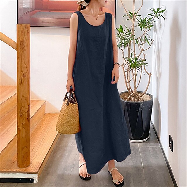 Women's Yellow Pink Red Summer Spring Maxi Dress Cotton Linen Dresses Casual Dress Cotton Summer Dress Basic Casual Vacation Daily Holiday Loose Fit Pure Color Crew Neck 8