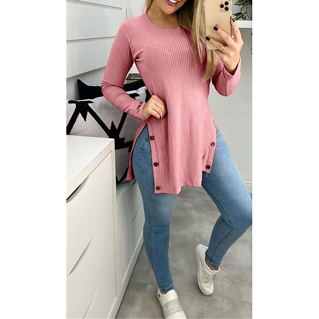  an  n autumn  winter  products solid color pit strip round neck long sleeves hem slit button top casual t-shirt women‘s clothing