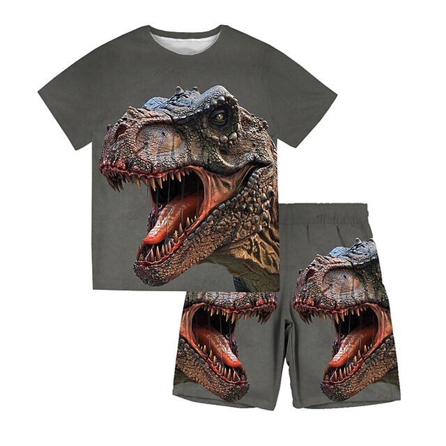 Baby & Kids Boys Clothing | Kids Boys T-shirt & Shorts Clothing Set 2 Pieces Short Sleeve Gray Dinosaur Animal Crewneck Print St