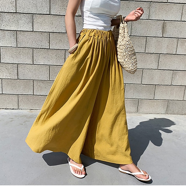  Women's Culottes Wide Leg Chinos Pants Trousers Linen / Cotton Blend Green Yellow Beige Mid Waist Fashion Casual Weekend Side Pockets Full Length Comfort Plain One-Size / Loose Fit