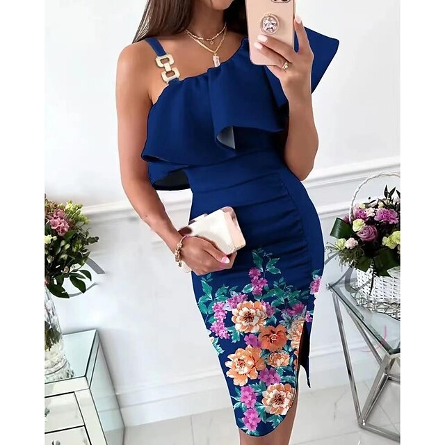 Womens Clothing Womens Dresses | Womens Strap Dress Knee Length Dress Navy yellow flower Navy Khaki Flower Black Blue Purple Win