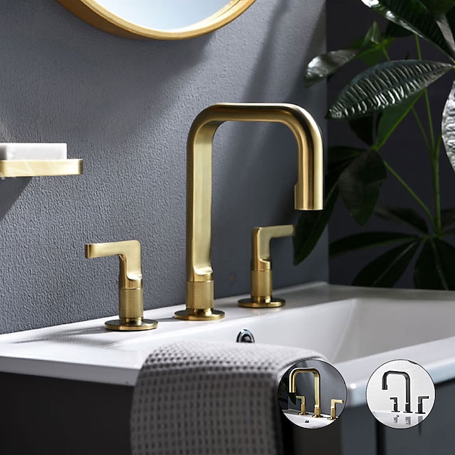  Grifo de lavabo de baño extendido de 2 manijas con mangueras de suministro de grifo Grifos monomando de lavabo gris dorado / gris metalizado