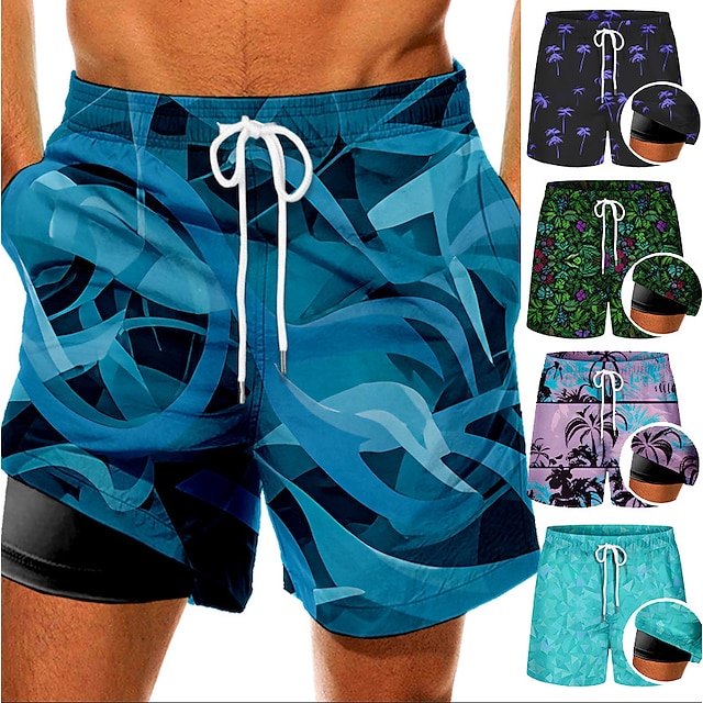  Men's Swim Trunks Swim Shorts Quick Dry Board Shorts Bathing Suit with Pockets Compression Liner Drawstring Swimming Surfing Beach Water Sports Printed Summer