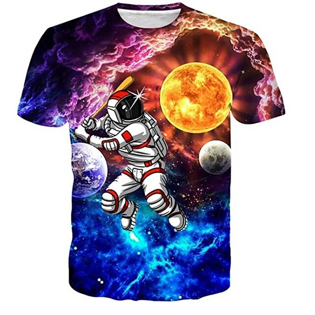 Baby & Kids Boys Clothing | Kids Boys T shirt Short Sleeve 3D Print Galaxy Astronaut Crewneck Rainbow Children Tops Spring Summe