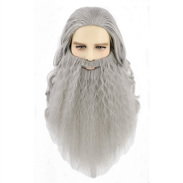  lemarnia assistente peruca e barba longo cabelo encaracolado para festa cosplay peruca marrom escuro perucas perucas de halloween