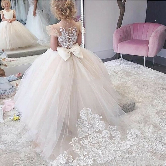  Flower Girl Dress Girls' First Communion Dress Party Dress Performance Wedding Party Princess Sweet Mesh Solid Color Sleeveless Crew Neck White Champagne 2-12 Years