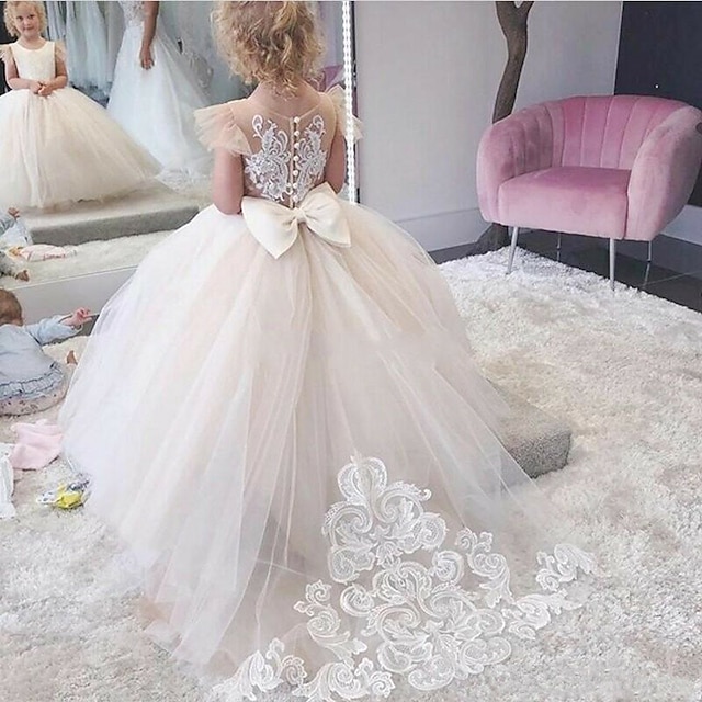  Kids Girls' Party Dress Solid Color Sleeveless Performance Wedding Mesh Princess Sweet Mesh Mid-Calf Sheath Dress Tulle Dress Flower Girl's Dress Summer Spring Fall 2-12 Years White Champagne