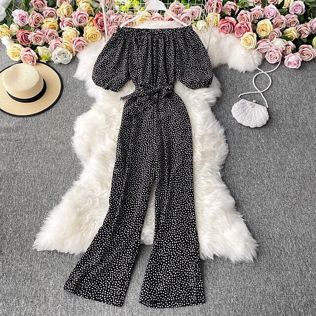  floral chiffon jumpsuit women's summer high-waisted slim trousers wide-leg loose sexy one-shoulder off-the-shoulder jumpsuit