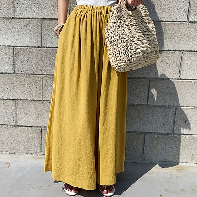  Women's Culottes Wide Leg Chinos Pants Trousers Linen / Cotton Blend Green Yellow Beige Mid Waist Fashion Casual Weekend Side Pockets Full Length Comfort Plain One-Size / Loose Fit