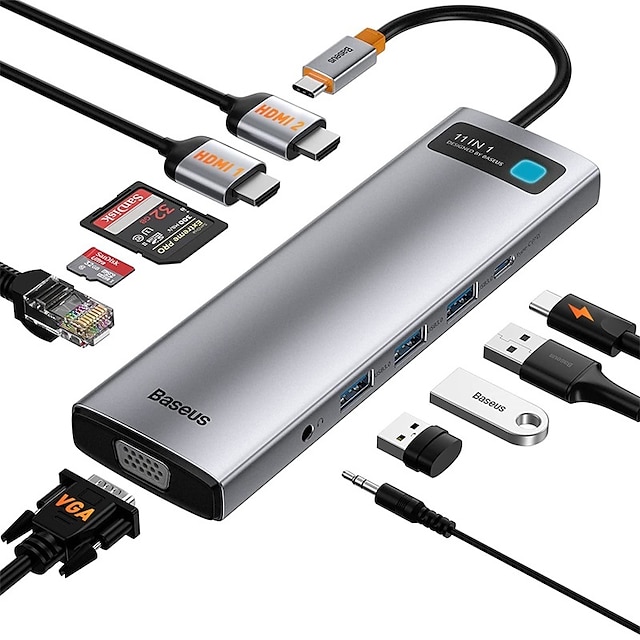  BASEUS USB 3.0 USB C Κόμβοι 11 Λιμάνια Υψηλής Ταχύτητας Δείκτης LED Με τον αναγνώστη καρτών (s) Διανομέας USB με Micro HDMI VGA 3,5 χιλιοστά Παράδοση ρεύματος Για