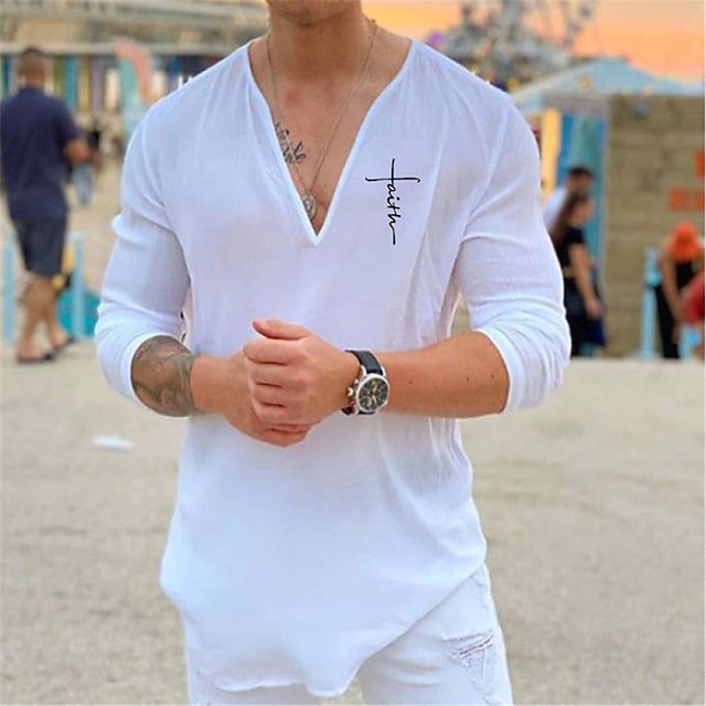 Mens Clothing Mens Shirts | Mens Shirt Solid Color V Neck Street Casual 3/4 Length Sleeve Tops Casual Fashion Comfortable White 