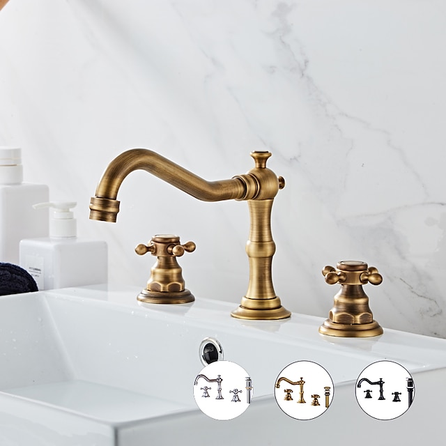  robinet pentru chiuveta de baie, larg răspândit cu două mânere, trei găuri, robinetul pentru chiuveta de baie din alamă cromat conține linii de alimentare și dopul de scurgere și comutator cald/rece