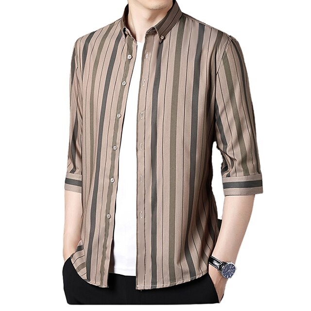 Mens Clothing Mens Shirts | Mens Casual Shirt Striped Standing Collar Casual Work Button-Down 3/4 Length Sleeve Tops Fashion Ret