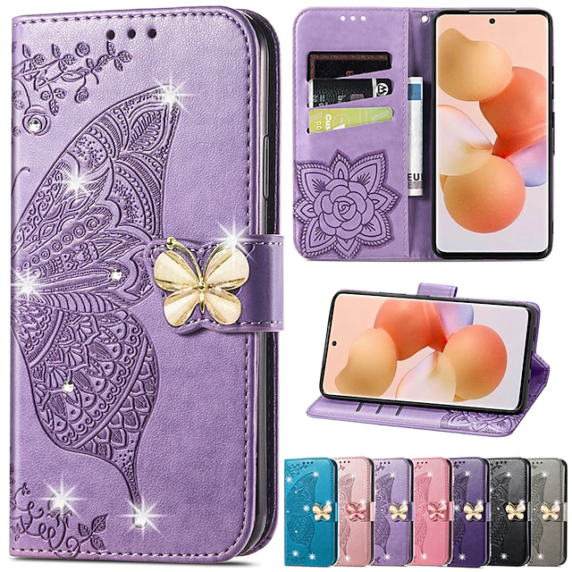 Phone Case For Samsung Galaxy S24 S23 S22 S21 FE S21 Ultra Plus A34 A54 A72 A32 A52 Wallet Case Rhinestone With Card Holder Magnetic Flip Butterfly PU Leather 16