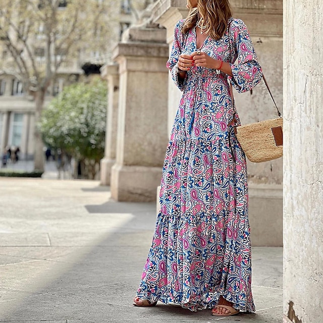  Dame Maxikjole Uformell kjole Boho elegante kjoler Langermet Boho-kjole Boho-kjole Elegant Bohem Stilfull Vinter kjole Feriereise Daglig Normal Blomstret Langermet V-hals Rosa Grønn Høst Vinter