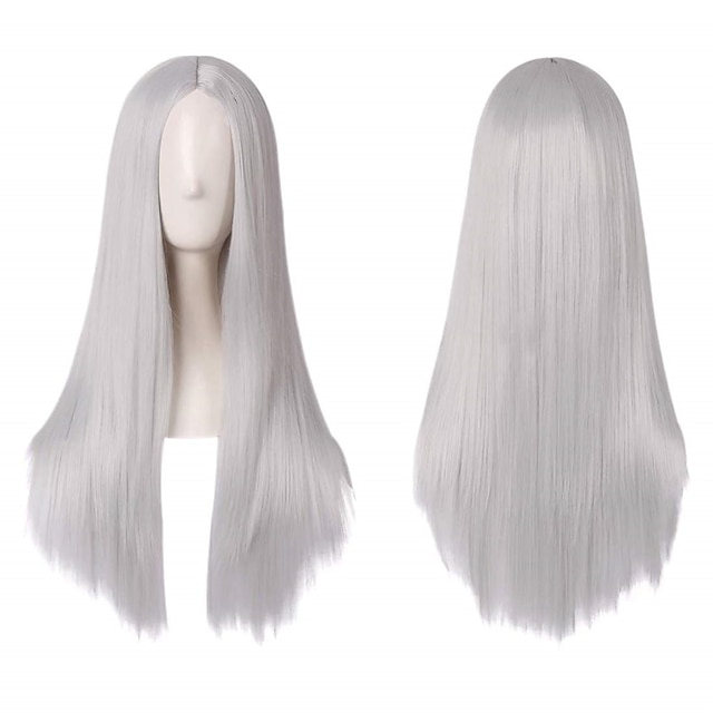  Charmoso meninas longo prata branco peruca reta parte do meio cabelo anime cosplay perucas de festa para mulher