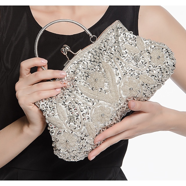  Damen-Clutch-Taschen aus Polyester für Abend-Braut-Hochzeitsfeiern mit Perlen-Vintage-Mode in Silber-Schwarz-Champagner