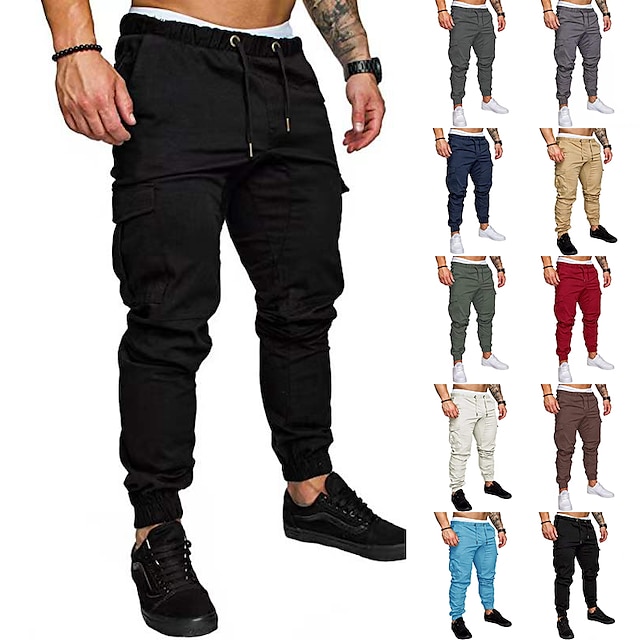  Men's Cargo Pants Cargo Trousers Joggers Trousers Drawstring Elastic Waist Plain Breathable Full Length 100% Cotton Streetwear Casual Loose Fit Black White Micro-elastic