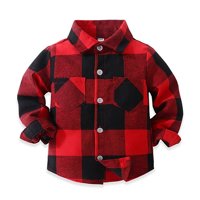 Baby & Kids Boys Clothing | Toddler Boys Shirt Long Sleeve Plaid Black Red Children Tops Fall Spring Daily Daily Regular Fit 1-5