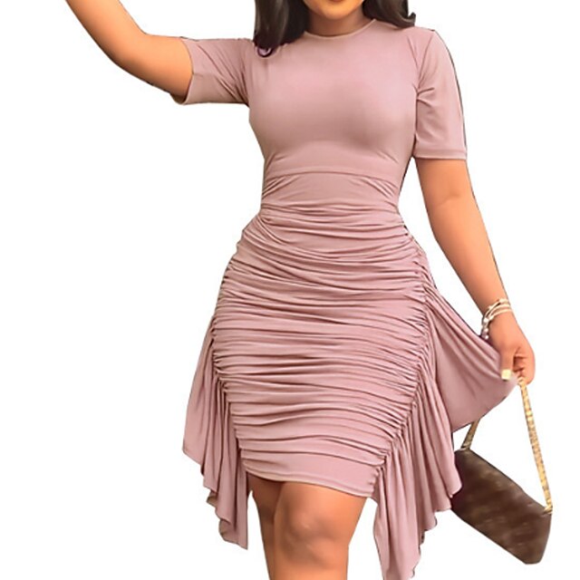 Womens Clothing Plus Size Collection | Womens Plus Size Sheath Dress Solid Color Round Neck Short Sleeve Spring Summer Casual Kn