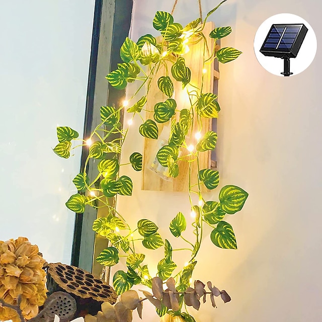  Solar Artificial Ivy Garland Lights Hanging String Lights for Garden Decoration 2m 20LEDs Outdoor IP65 Waterproof Leaves Fairy Lights Courtyard Home Balcony Patio Holiday Wedding Party Background Wall Decoration