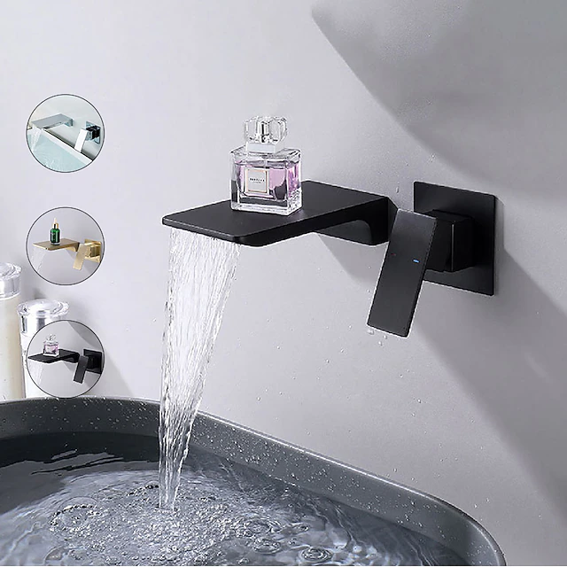 Waterfall Wall Mounted Bathroom Sink Mixer Faucet Matte Black, Solid Brass Basin Mixer Tap Single Handle One Lever Lavatory Taps Black Gold Chrome 9
