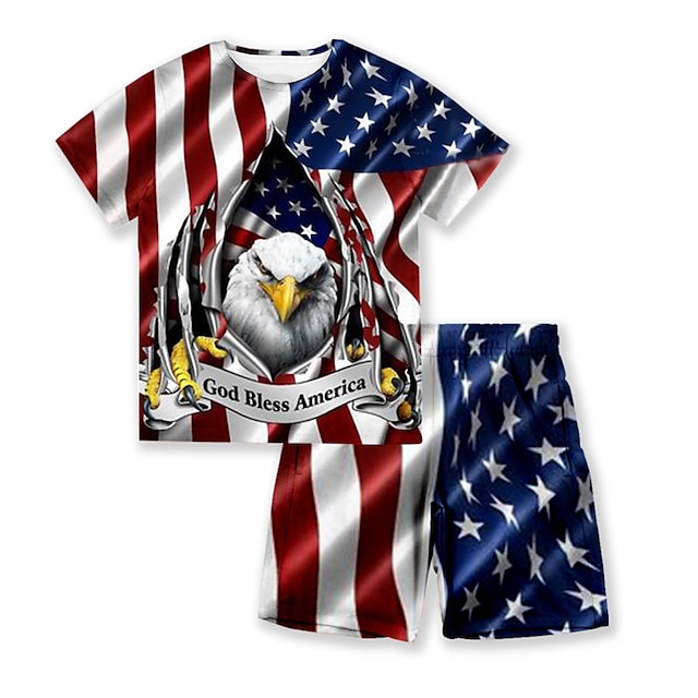  Amerykański Dzień Niepodległości Dla chłopców 3D Zwierzę Flaga Koszulka i spodenki Komplet odzieży Krótki rękaw Lato Wiosna Sport Moda Nowoczesne Poliester Dzieci 3-13 lat Na zewnątrz Ulica Sport