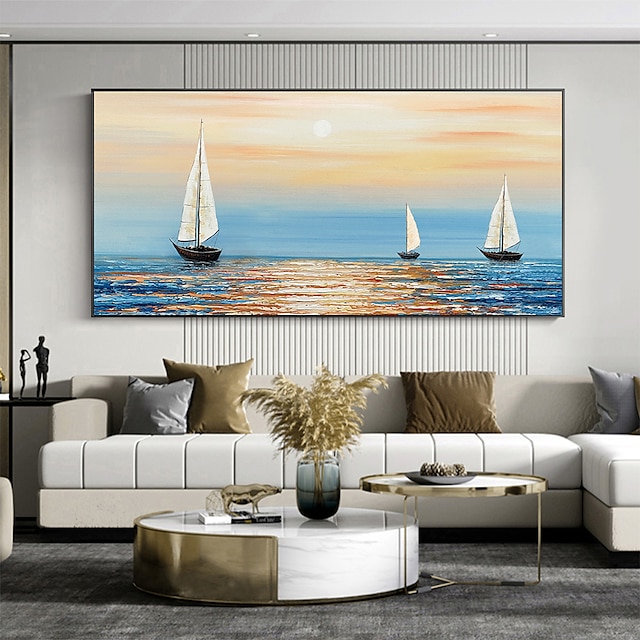 Home & Garden Wall Art | Handmade Oil Painting Canvas Wall Art Decoration Abstract Sailboat in the Sunset Painting Abstract Ocea