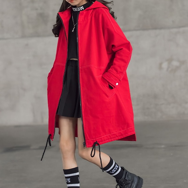 Baby & Kids Girls Clothing | Kids Girls Coat Long Sleeve Black Red Plain Zipper Fall Spring Active Daily 4-12 Years - ZG45299