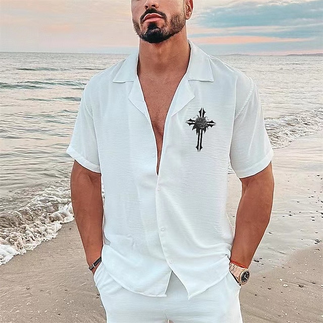 Mens Clothing Mens Shirts | Mens ShirtSolid Color Cross Turndown Street Casual Button-Down Print Half Sleeve Tops Designer Casua